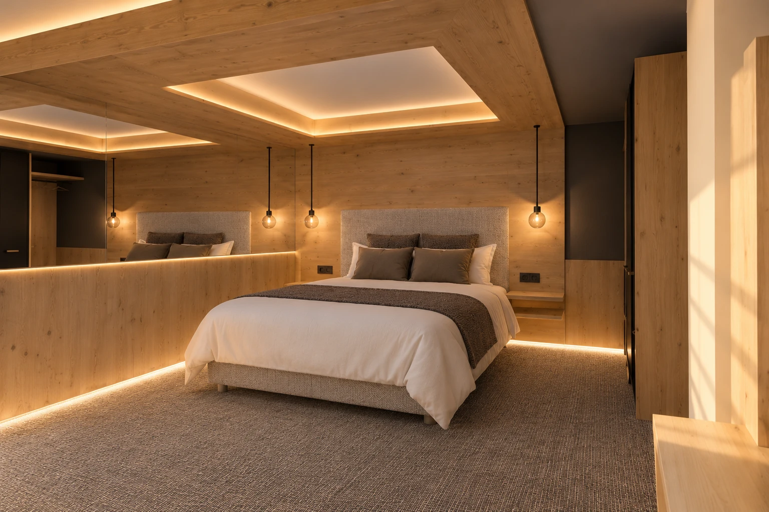 Een slaapkamer met zachte verlichting — projectvisualisatie