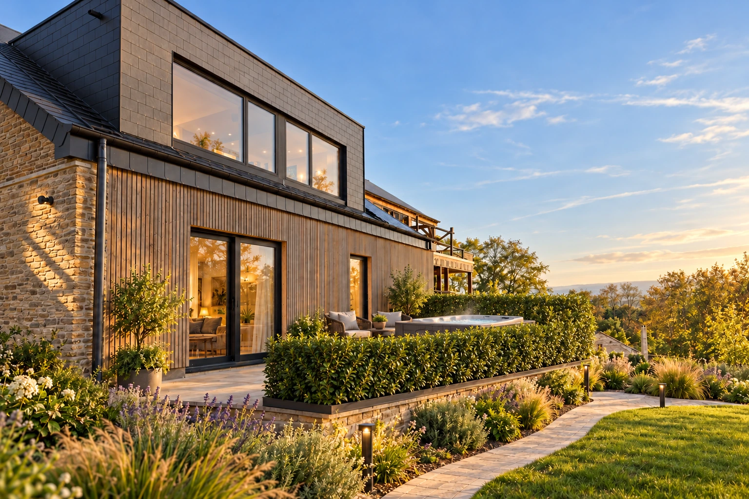 Terras met jacuzzi en haag met uitzicht op het landschap van Rochehaut — projectvisualisatie